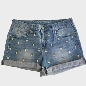 Blue Desire‎ Denim Shorts Pineapples Embellished Rhinestones Cuffed Blue Sz 12